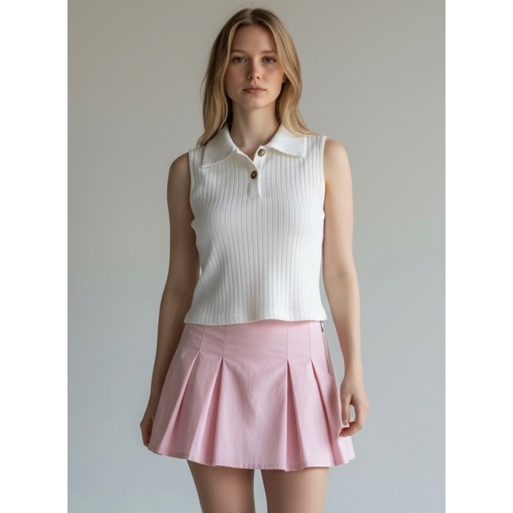 SHEIN White Ribbed Size Large Sleeveless Polo‎ Crop Top Tennis Core
